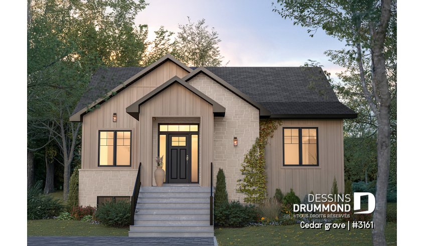 Vue avant - MODÈLE DE BASE du plan de maison unifamiliale 3161 Vue avant - MODÈLE DE BASE - Modèle de maison plain-pied, sous-sol aménagé optionnel ($), 2 à 4 chambres, bureau, garde-manger, vestiaire - Cedar grove