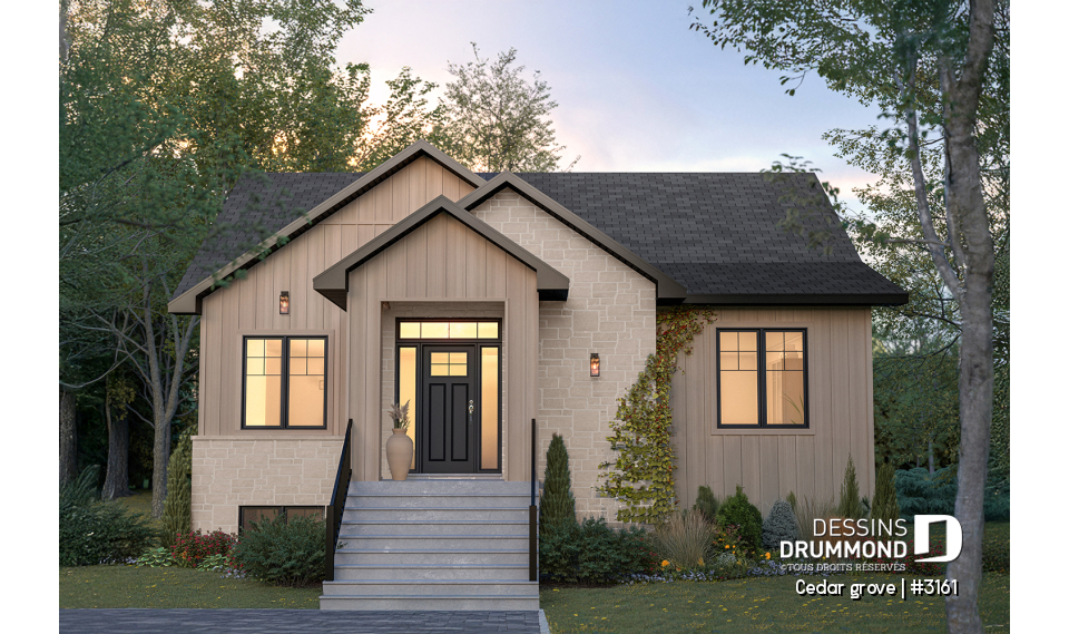 Vue avant - MODÈLE DE BASE - Modèle de maison plain-pied, sous-sol aménagé optionnel ($), 2 à 4 chambres, bureau, garde-manger, vestiaire - Cedar grove
