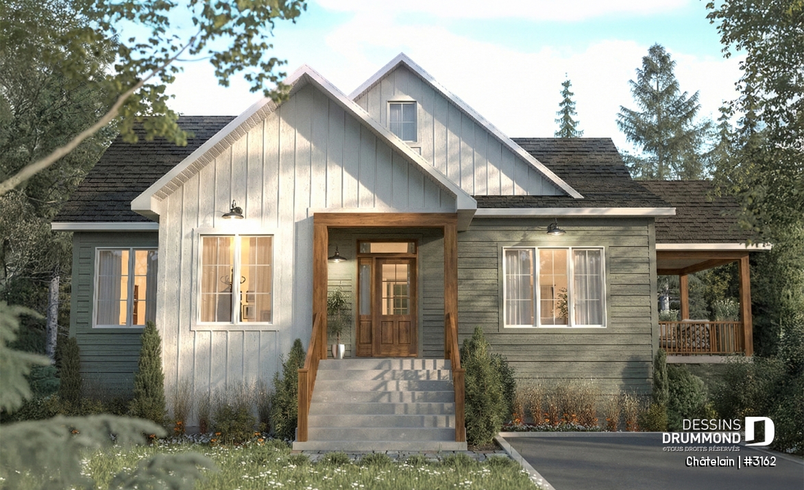 Vue avant - MODÈLE DE BASE - Plan de plain-pied avec lumière naturelle abondante et grande suite principale au rez-de-chaussée - Châtelain