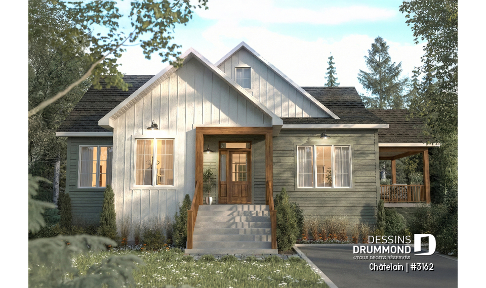 Vue avant - MODÈLE DE BASE - Plan de plain-pied avec lumière naturelle abondante et grande suite principale au rez-de-chaussée - Châtelain