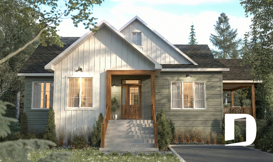 Vue avant - MODÈLE DE BASE - Plan de plain-pied avec lumière naturelle abondante et grande suite principale au rez-de-chaussée - Châtelain