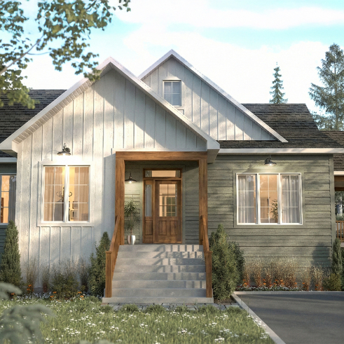 Vue avant - MODÈLE DE BASE - Plan de plain-pied avec lumière naturelle abondante et grande suite principale au rez-de-chaussée - Châtelain