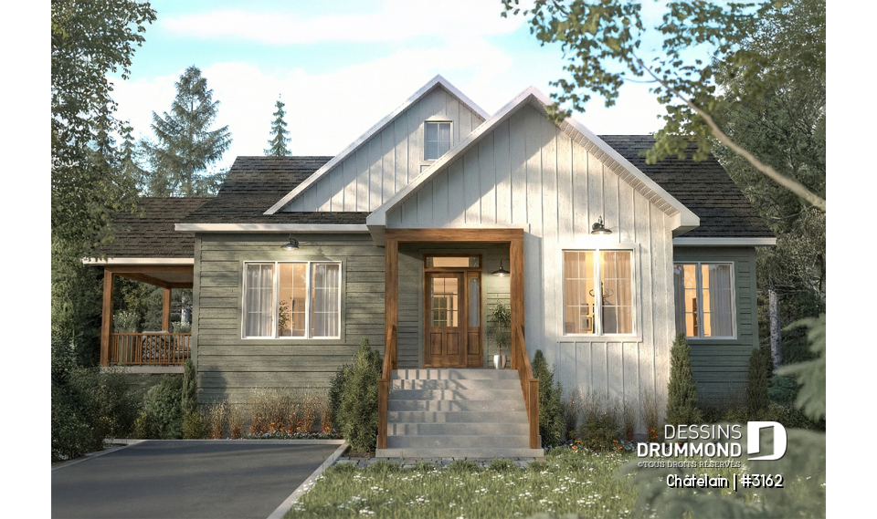 Vue avant - MODÈLE DE BASE - Plan de plain-pied avec lumière naturelle abondante et grande suite principale au rez-de-chaussée - Châtelain