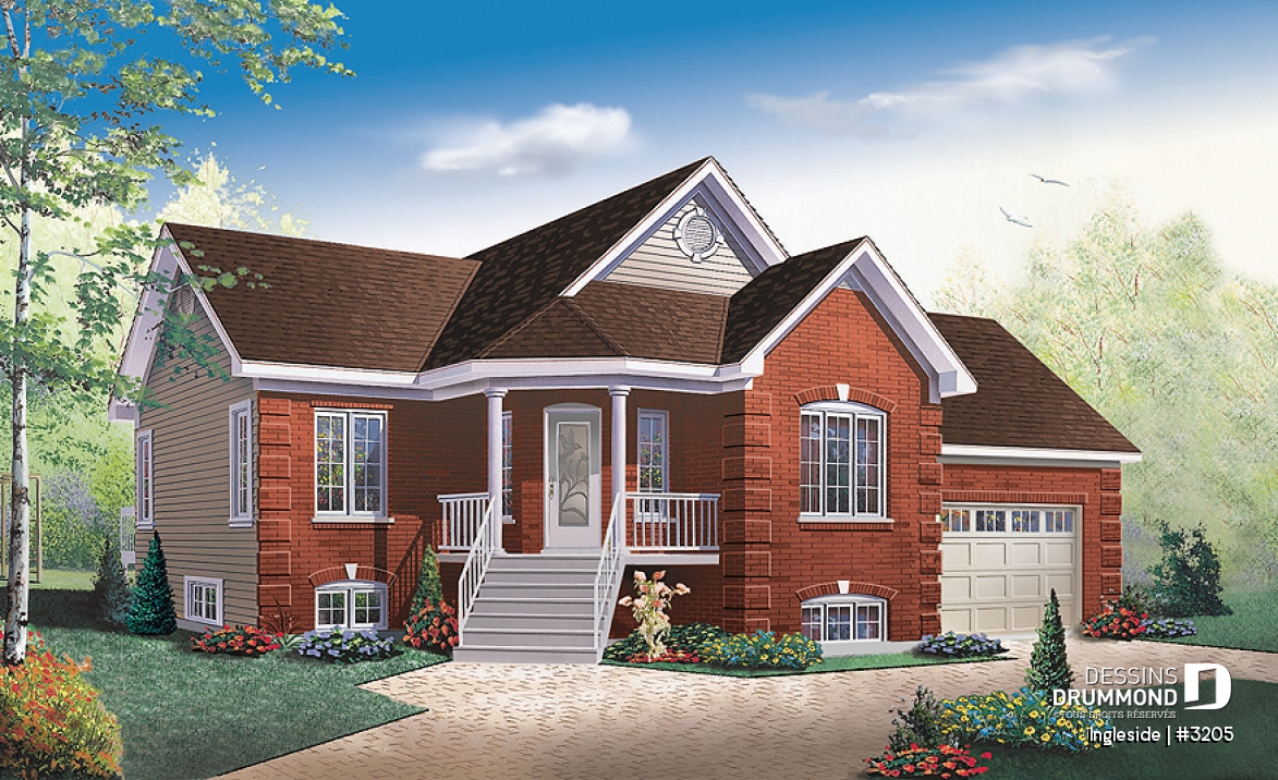 Vue avant - MODÈLE DE BASE - Plan de plain-pied 2 chambres, garage, vestibule fermé et accès au sous-sol du garage - Ingleside