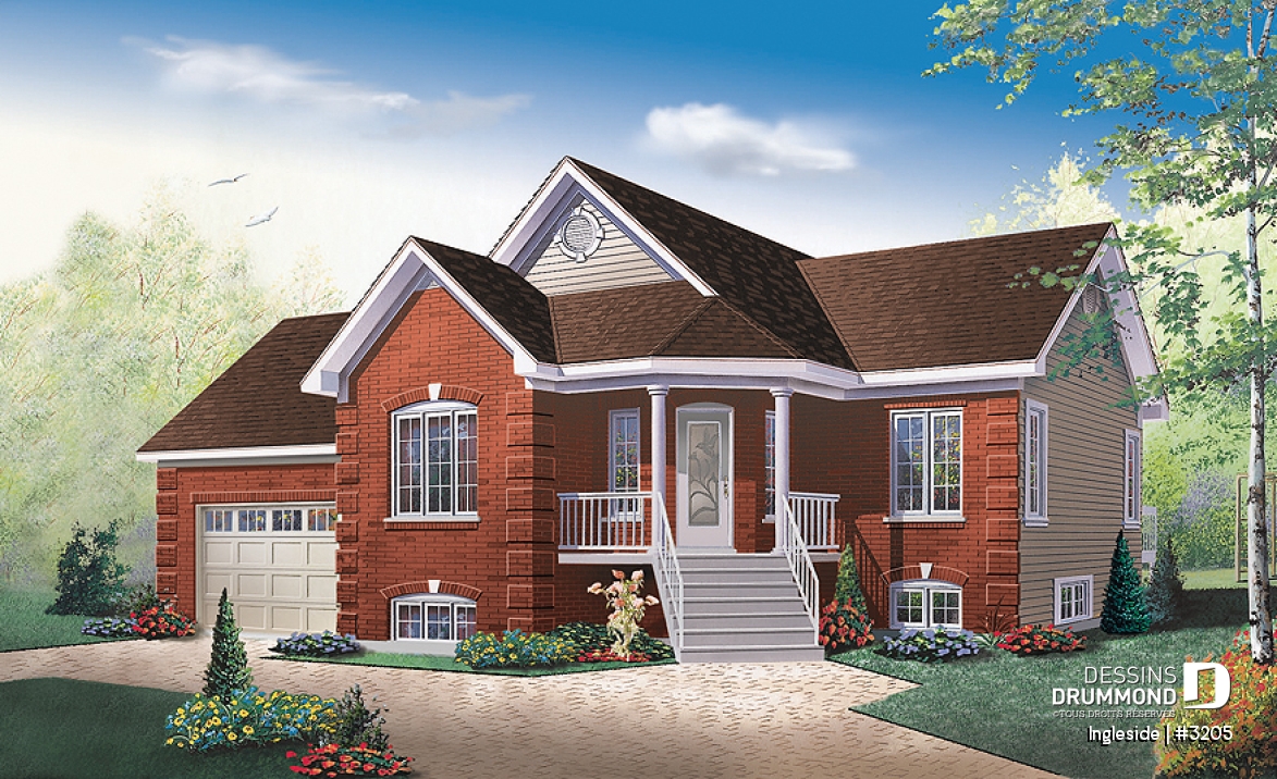 Vue avant - MODÈLE DE BASE - Plan de plain-pied 2 chambres, garage, vestibule fermé et accès au sous-sol du garage - Ingleside