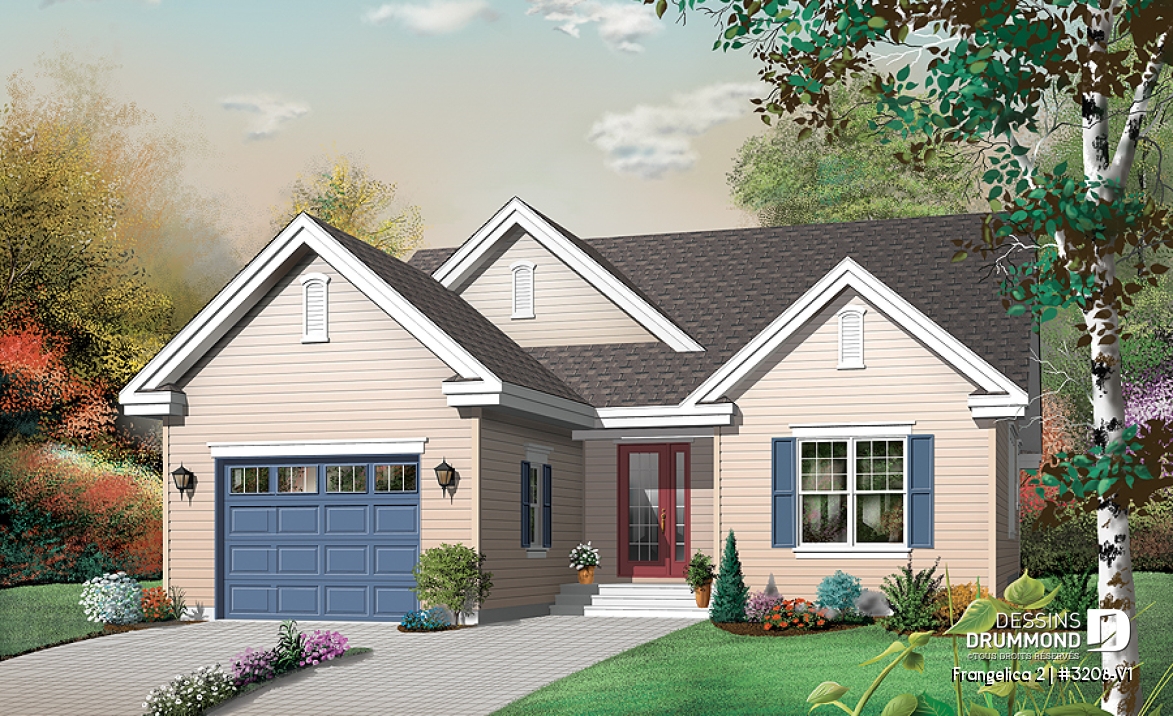 Vue avant - MODÈLE DE BASE - Plan de maison 1 étage, 3 chambres, garage, grande salle familiale, coin ordinateur, style Cape Cod, foyer - Frangelica 2