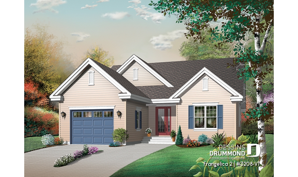 Vue avant - MODÈLE DE BASE - Plan de maison 1 étage, 3 chambres, garage, grande salle familiale, coin ordinateur, style Cape Cod, foyer - Frangelica 2