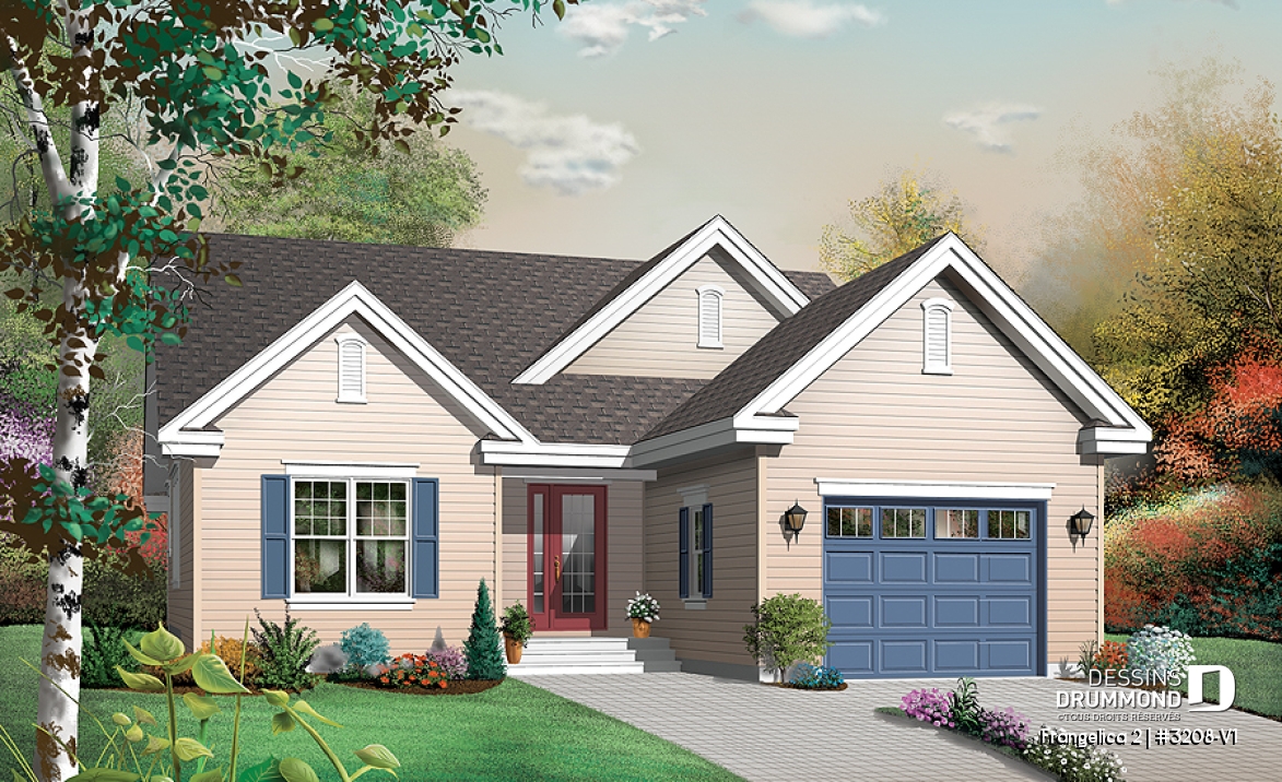 Vue avant - MODÈLE DE BASE - Plan de maison 1 étage, 3 chambres, garage, grande salle familiale, coin ordinateur, style Cape Cod, foyer - Frangelica 2