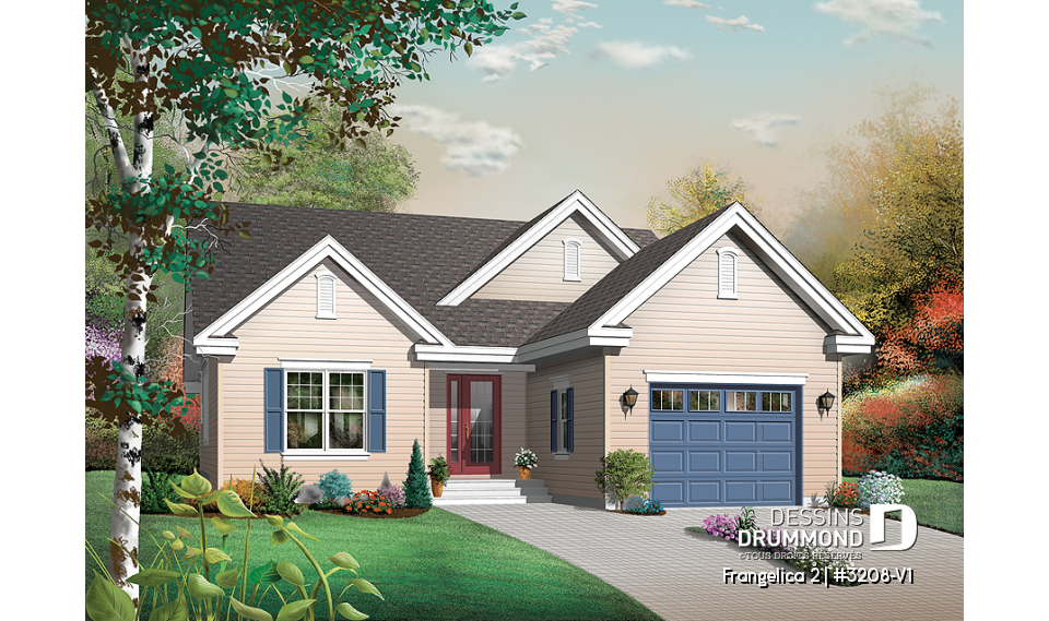 Vue avant - MODÈLE DE BASE - Plan de maison 1 étage, 3 chambres, garage, grande salle familiale, coin ordinateur, style Cape Cod, foyer - Frangelica 2