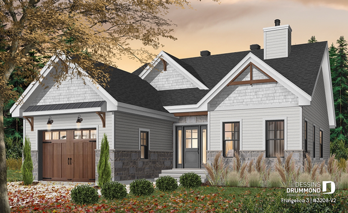 Version couleur no. 1 - Vue avant - Plan de maison 2 chambres, 2 s. bain, suite des maîtres, grand vestiaire, bungalow style farmhouse avec garage - Frangelica 3
