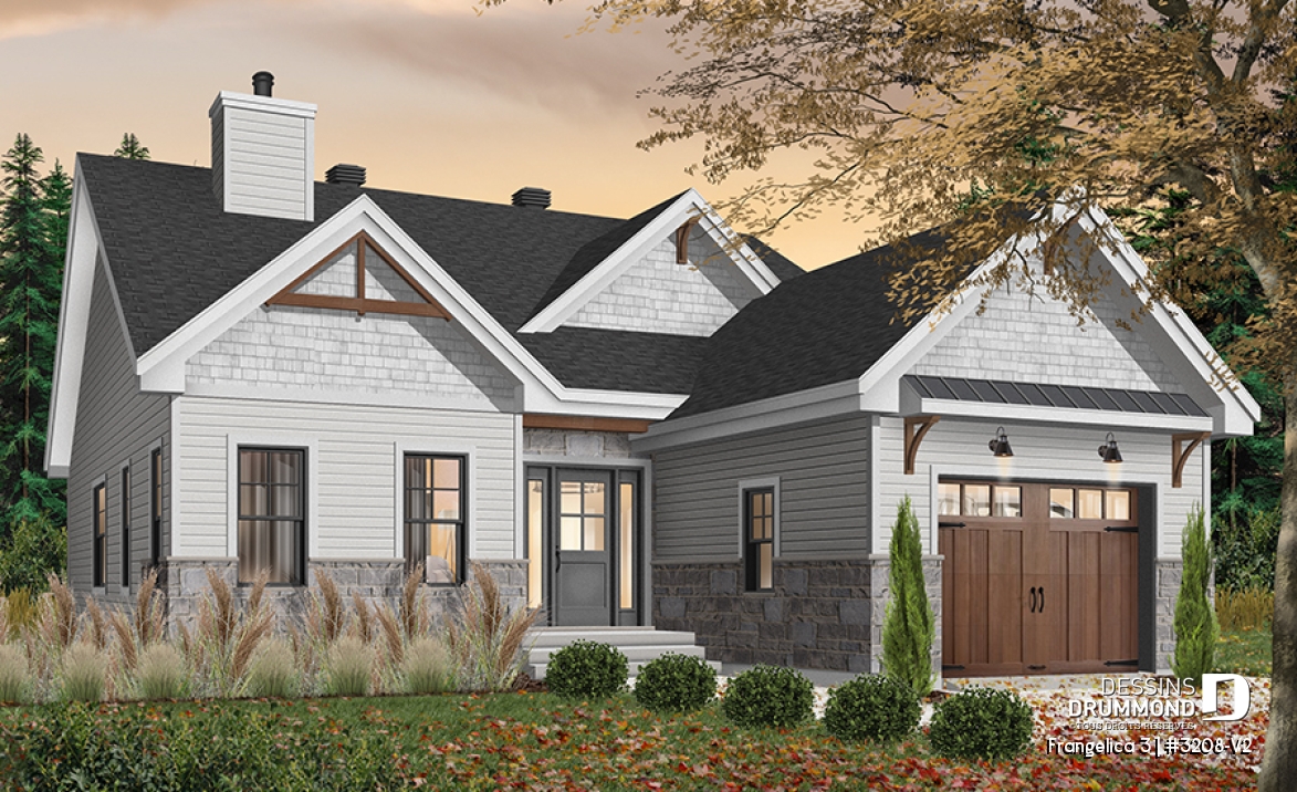 Version couleur no. 1 - Vue avant - Plan de maison 2 chambres, 2 s. bain, suite des maîtres, grand vestiaire, bungalow style farmhouse avec garage - Frangelica 3