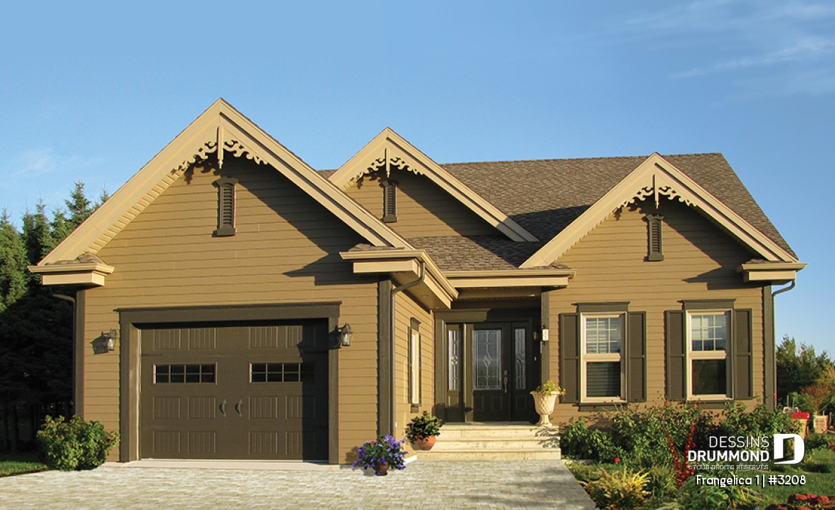 Vue avant - MODÈLE DE BASE - Plan de maison plain-pied 3 chambres, garage, walk-in chambre parents, foyer 2 faces, garde-manger - Frangelica 1