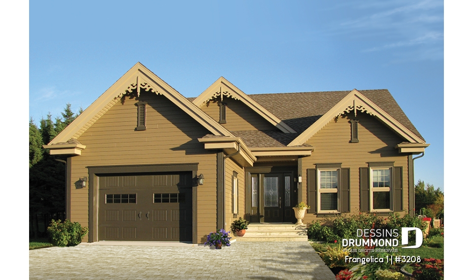 Vue avant - MODÈLE DE BASE - Plan de maison plain-pied 3 chambres, garage, walk-in chambre parents, foyer 2 faces, garde-manger - Frangelica 1