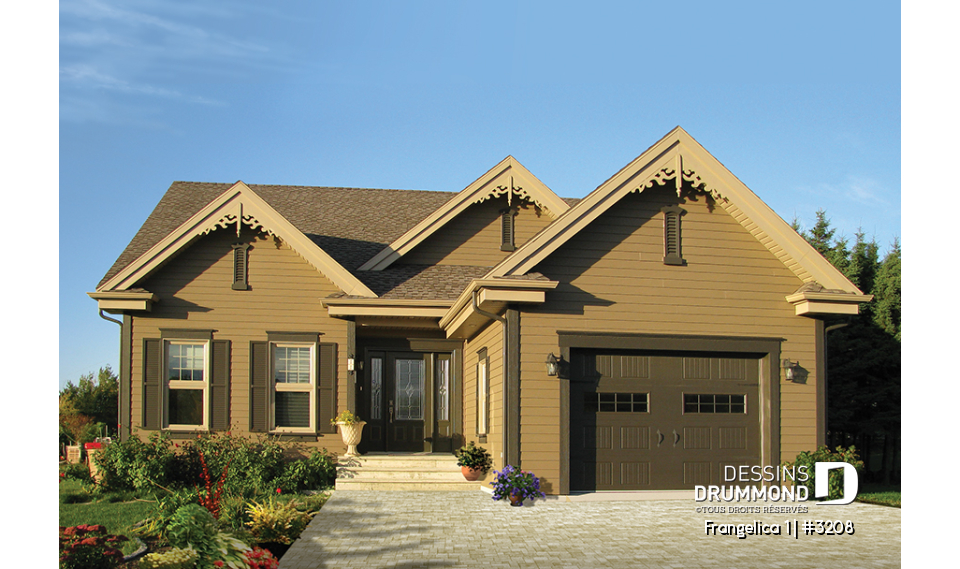 Vue avant - MODÈLE DE BASE - Plan de maison plain-pied 3 chambres, garage, walk-in chambre parents, foyer 2 faces, garde-manger - Frangelica 1
