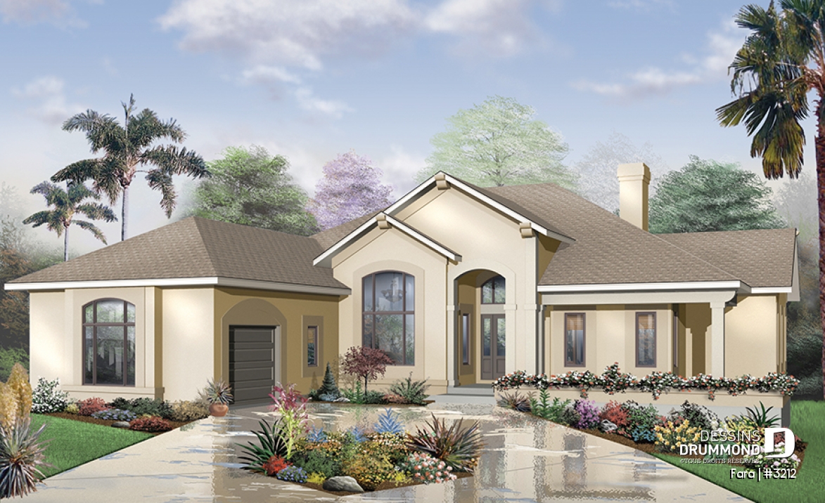 Vue avant - MODÈLE DE BASE - Plan de maison de style Floride, grande terrasse, 3 à 4 ch., garage triple, superbe patio arrière abrité - Fara