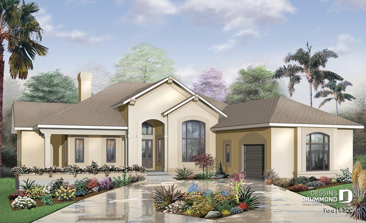 Vue avant - MODÈLE DE BASE - Plan de maison de style Floride, grande terrasse, 3 à 4 ch., garage triple, superbe patio arrière abrité - Fara