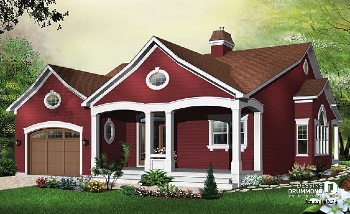 Vue avant - MODÈLE DE BASE - Plan de bungalow champêtre avec garage, 3 chambres, 2.5 s.bain, 2 suites des maîtres avec s. bain privée - Janice