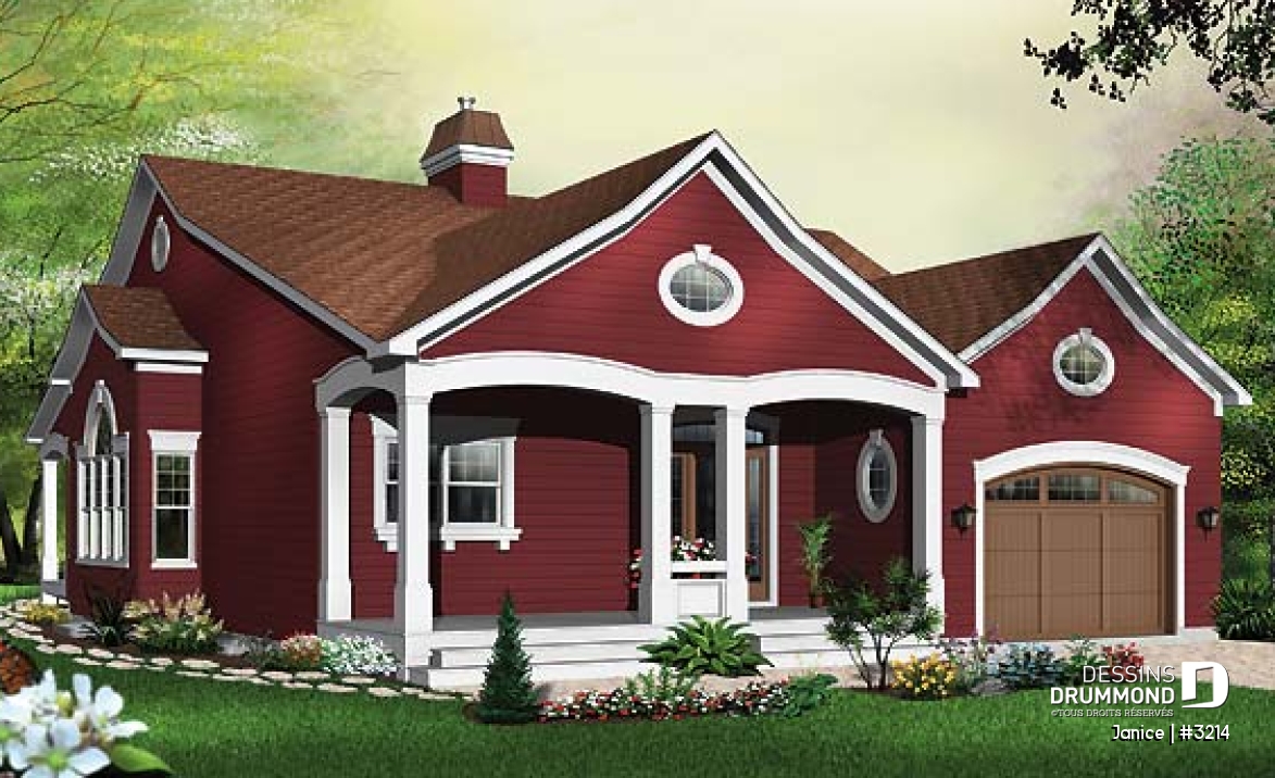 Vue avant - MODÈLE DE BASE - Plan de bungalow champêtre avec garage, 3 chambres, 2.5 s.bain, 2 suites des maîtres avec s. bain privée - Janice
