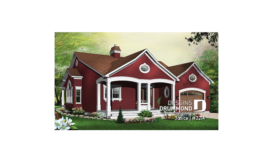 Vue avant - MODÈLE DE BASE - Plan de bungalow champêtre avec garage, 3 chambres, 2.5 s.bain, 2 suites des maîtres avec s. bain privée - Janice