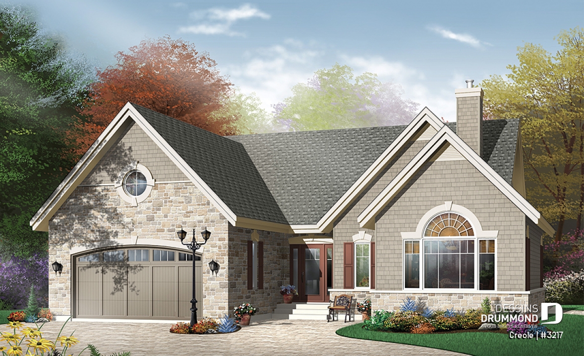 Vue avant - MODÈLE DE BASE - Plan de plain-pied craftsman, 2 chambres, plafond cathédrale au séjour, garage double - Creole