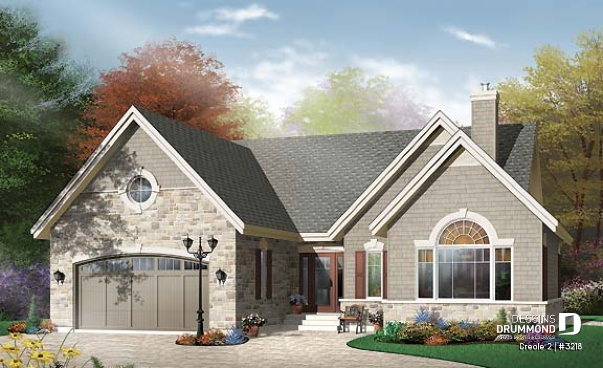 Vue avant - MODÈLE DE BASE - Bungalow style rustique, 3 chambres, garage avec espace boni au-dessus - Creole 2