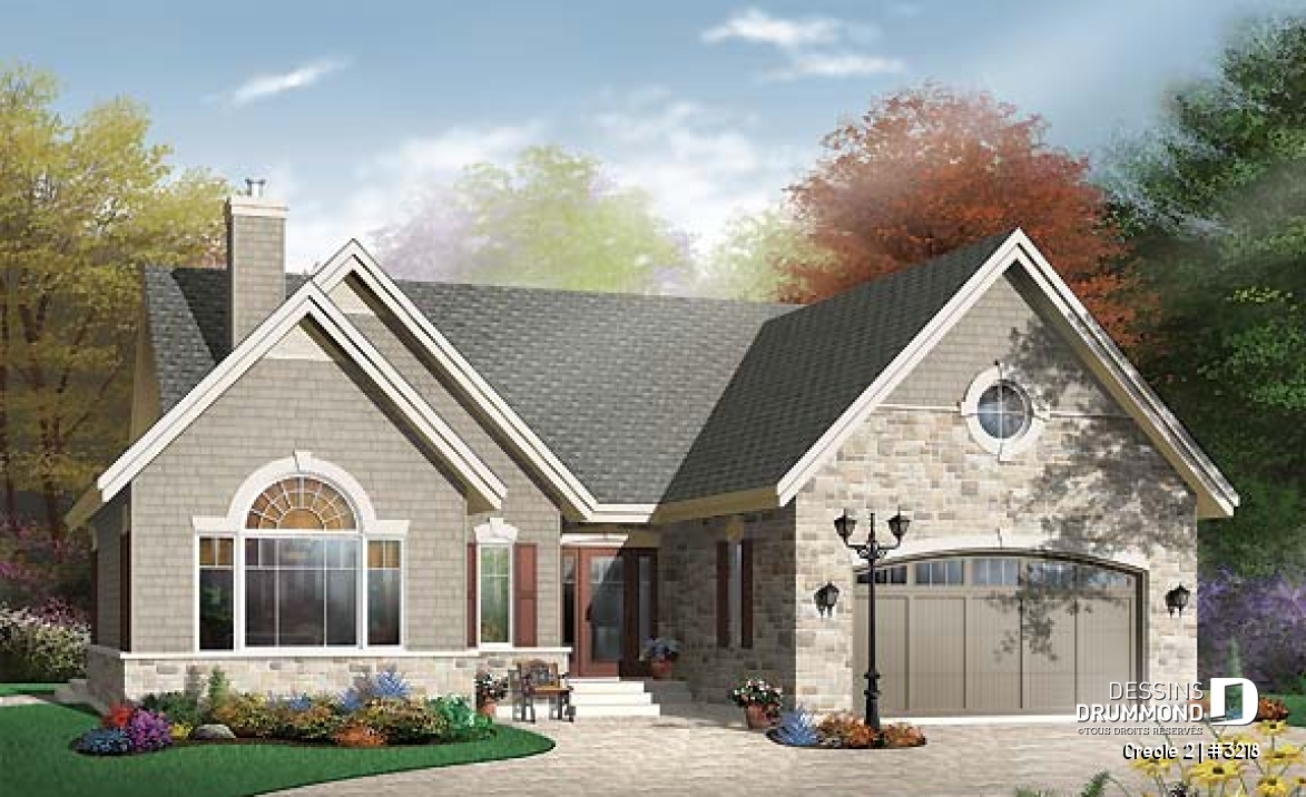 Vue avant - MODÈLE DE BASE - Bungalow style rustique, 3 chambres, garage avec espace boni au-dessus - Creole 2