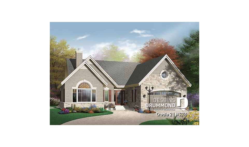 Vue avant - MODÈLE DE BASE - Bungalow style rustique, 3 chambres, garage avec espace boni au-dessus - Creole 2
