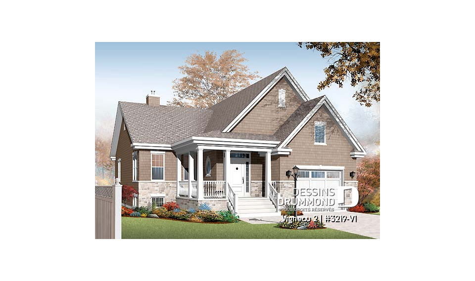Vue avant - MODÈLE DE BASE - Plan de plain-pied avec sous-sol aménagé, 2 à 4 chambres, 2 salles de bain, grande cuisine, foyer - Vigneau 2