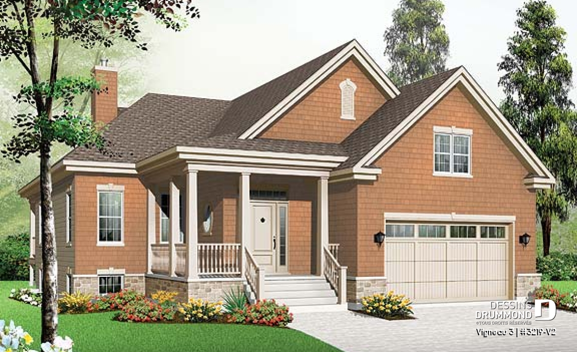 Vue avant - MODÈLE DE BASE - Plan de plain-pied 1 à 3 chambres, garage double, 2 salons, buanderie au premier, superbe chambre des parents - Vigneau 3