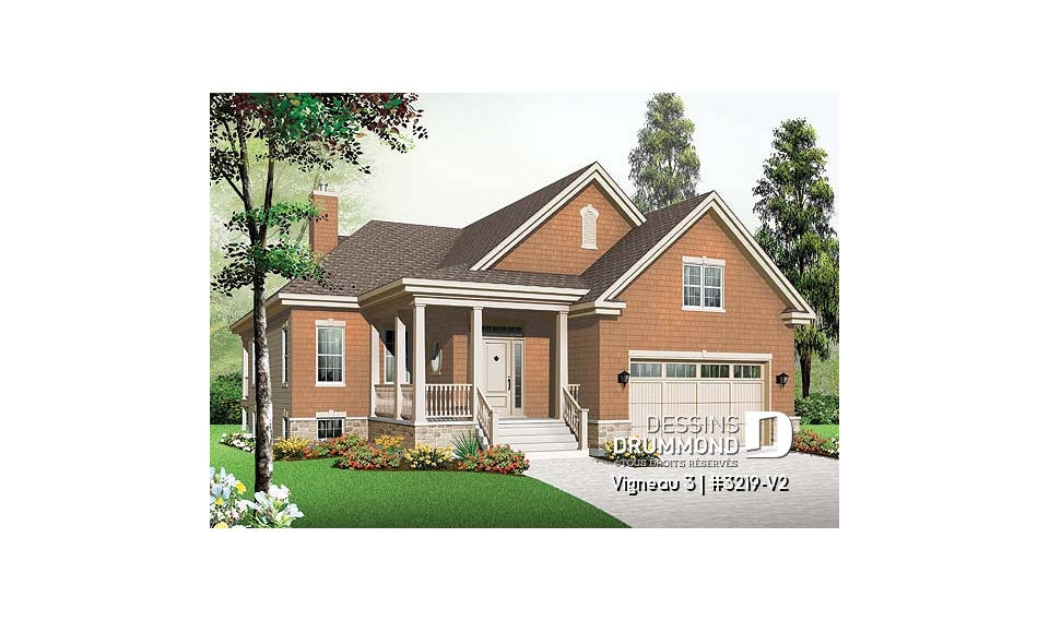 Vue avant - MODÈLE DE BASE - Plan de plain-pied 1 à 3 chambres, garage double, 2 salons, buanderie au premier, superbe chambre des parents - Vigneau 3