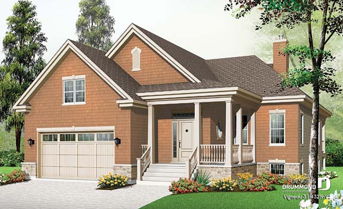 Vue avant - MODÈLE DE BASE - Plan de plain-pied 1 à 3 chambres, garage double, 2 salons, buanderie au premier, superbe chambre des parents - Vigneau 3