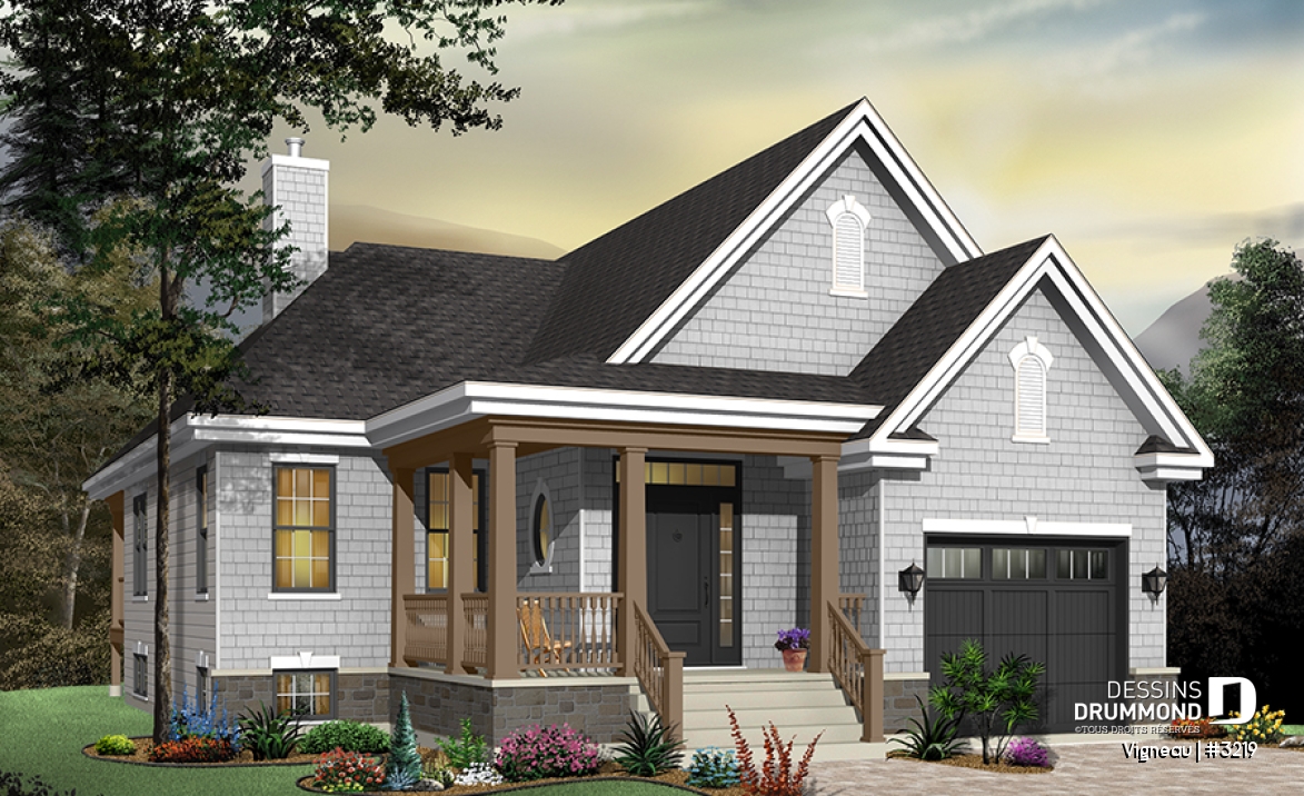 Vue avant - MODÈLE DE BASE - Main Floor: Entry, living room, dining room, kitchen with lunch counter and pantry, two bedrooms, laundry room - Vigneau