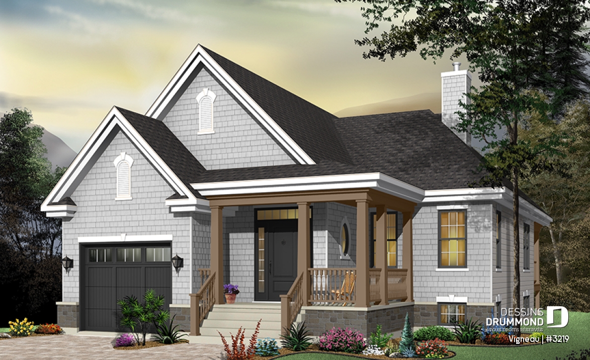 Vue avant - MODÈLE DE BASE - Main Floor: Entry, living room, dining room, kitchen with lunch counter and pantry, two bedrooms, laundry room - Vigneau