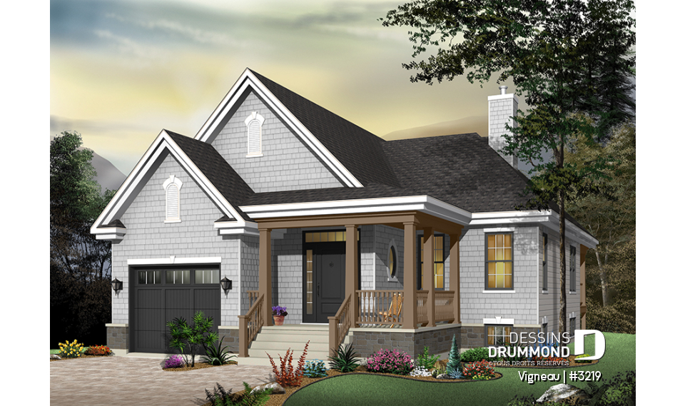 Vue avant - MODÈLE DE BASE - Main Floor: Entry, living room, dining room, kitchen with lunch counter and pantry, two bedrooms, laundry room - Vigneau