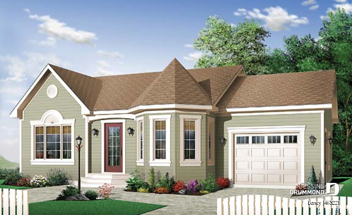 Vue avant - MODÈLE DE BASE - Plan de bungalow économique, 2 chambres, garage simple, sous-sol non fini, à aménager - Lancy