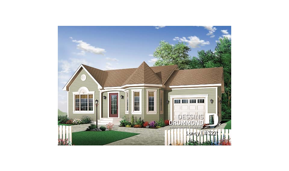 Vue avant - MODÈLE DE BASE - Plan de bungalow économique, 2 chambres, garage simple, sous-sol non fini, à aménager - Lancy