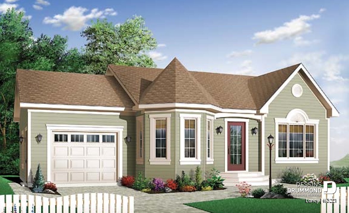 Vue avant - MODÈLE DE BASE - Plan de bungalow économique, 2 chambres, garage simple, sous-sol non fini, à aménager - Lancy