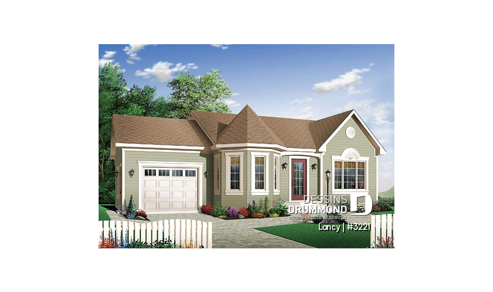 Vue avant - MODÈLE DE BASE - Plan de bungalow économique, 2 chambres, garage simple, sous-sol non fini, à aménager - Lancy