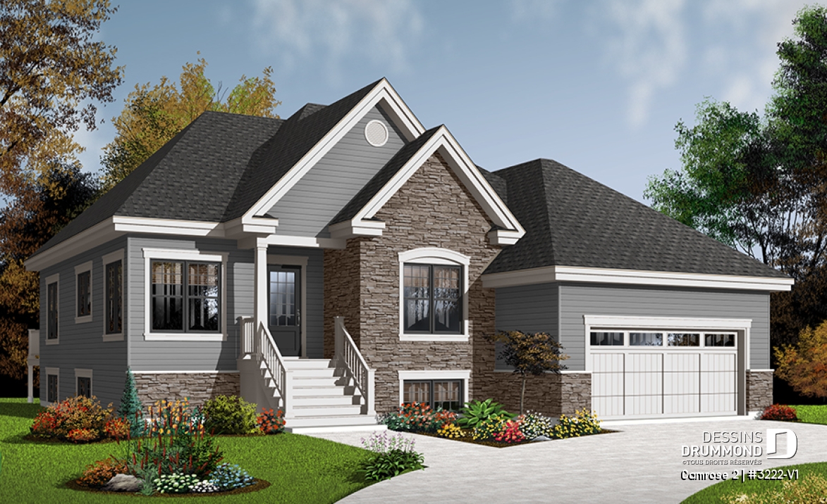 Vue avant - MODÈLE DE BASE - Plan de bungalow Craftwsman 2 chambres, coin déjeuner, séjour de grand format, foyer, garage double - Camrose 2