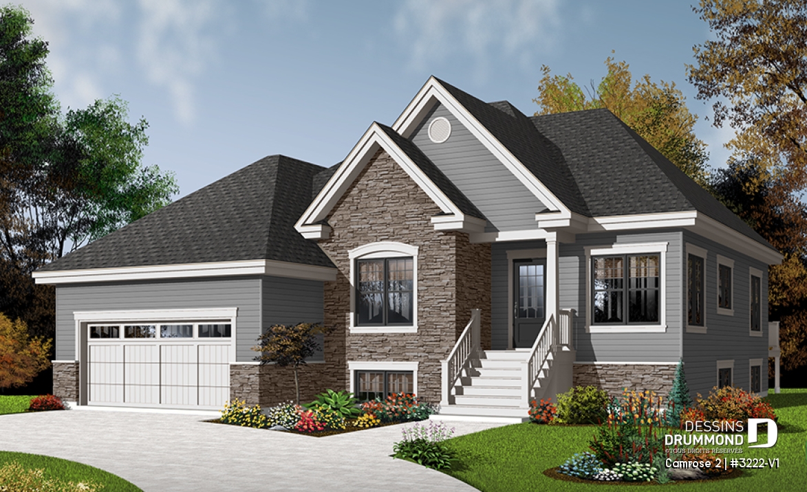 Vue avant - MODÈLE DE BASE - Plan de bungalow Craftwsman 2 chambres, coin déjeuner, séjour de grand format, foyer, garage double - Camrose 2