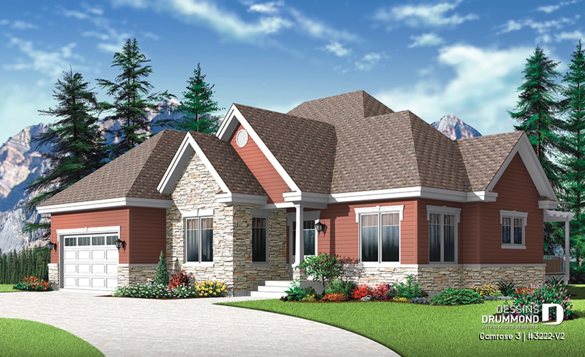 Vue avant - MODÈLE DE BASE - Plan de maison luxueuse Craftsman, garage, grande suite des maîtres, bureau, foyer, cuisine spacieuse - Camrose 3
