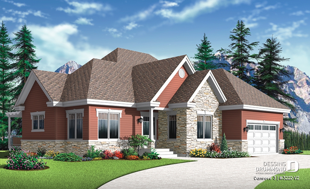 Vue avant - MODÈLE DE BASE - Plan de maison luxueuse Craftsman, garage, grande suite des maîtres, bureau, foyer, cuisine spacieuse - Camrose 3