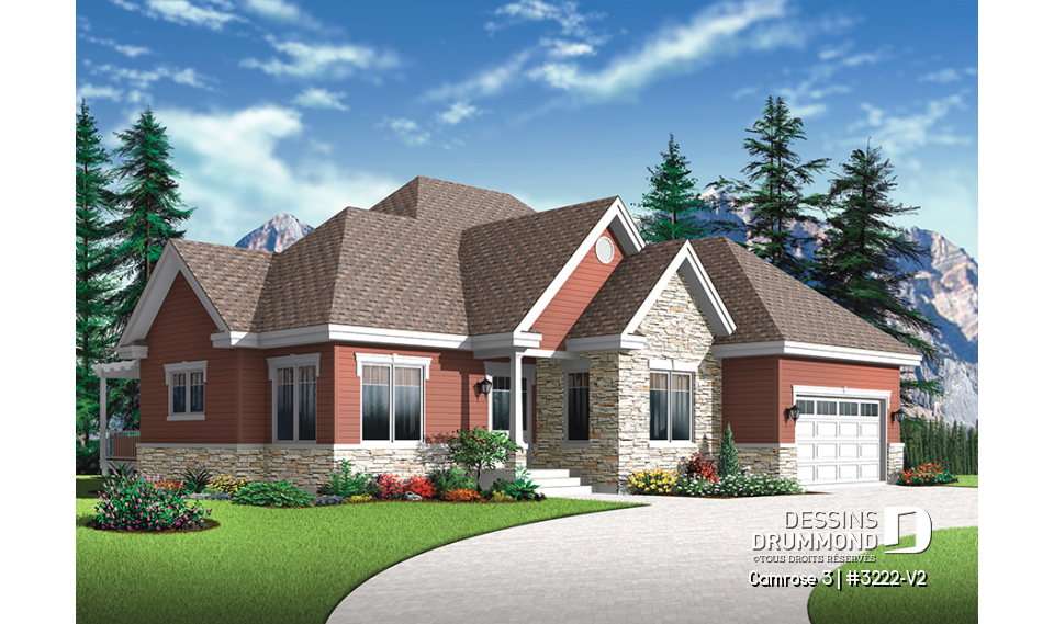 Vue avant - MODÈLE DE BASE - Plan de maison luxueuse Craftsman, garage, grande suite des maîtres, bureau, foyer, cuisine spacieuse - Camrose 3