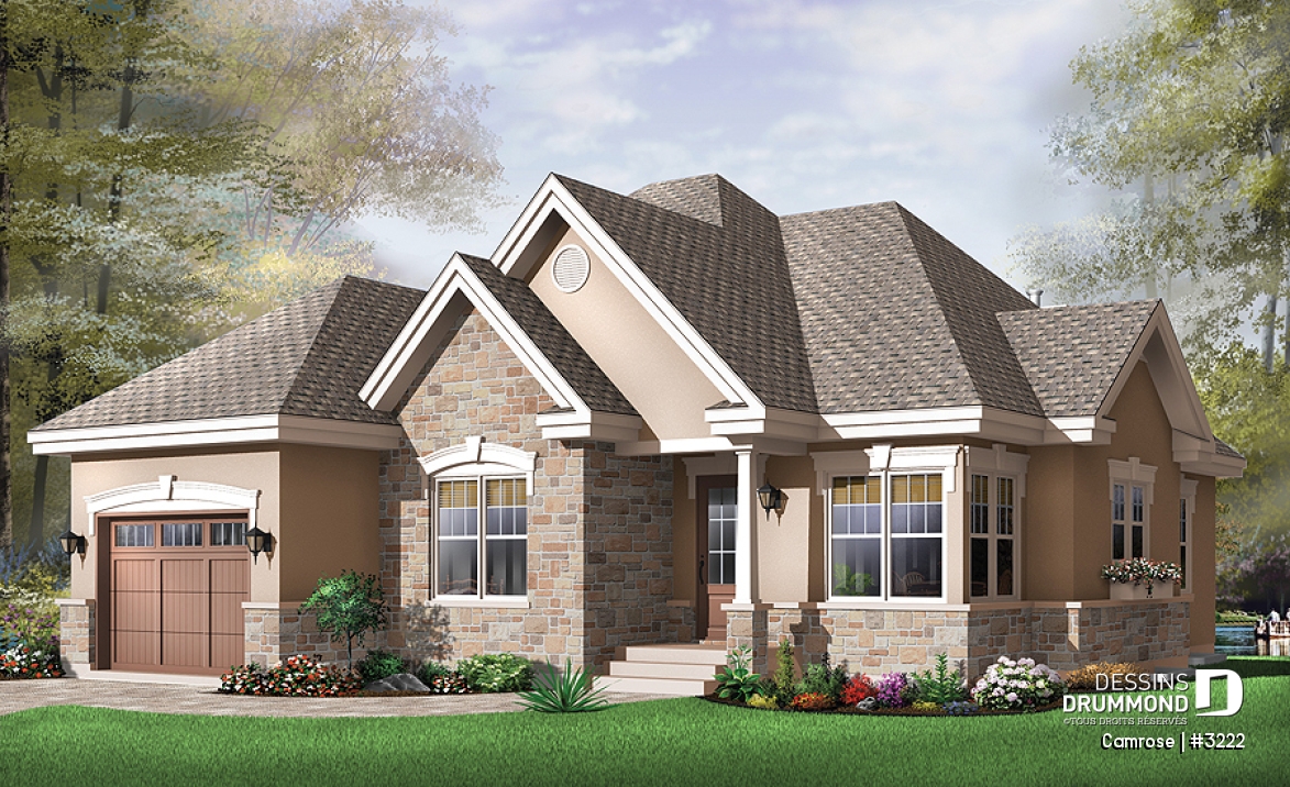 Vue avant - MODÈLE DE BASE - Plan de plain-pied, 2 chambres, superbe salle familiale avec foyer et 2 portes doubles, coin déjeuner, garage - Camrose