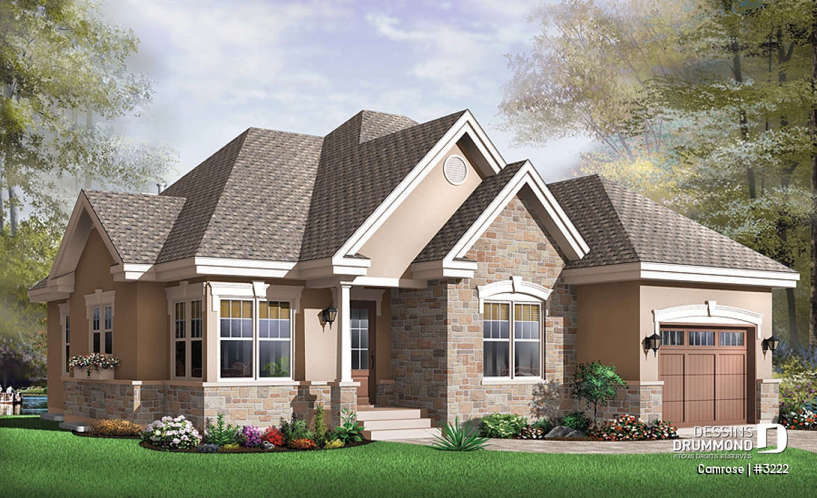 Vue avant - MODÈLE DE BASE - Plan de plain-pied, 2 chambres, superbe salle familiale avec foyer et 2 portes doubles, coin déjeuner, garage - Camrose