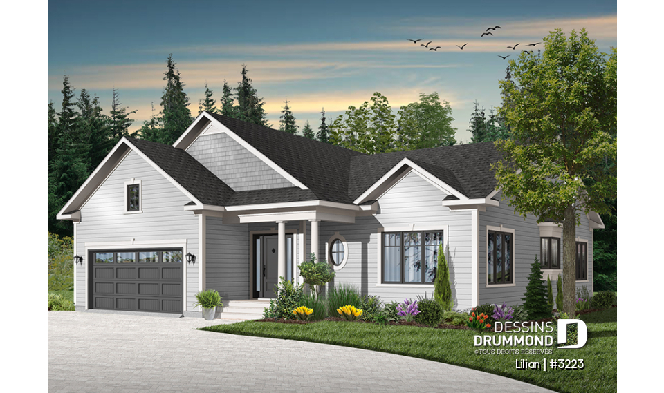 Version couleur no. 5 - Vue avant - Plan de plain-pied avec garage double, 3 chambres et salles de bain.  Salle à manger fermée et foyer. - Lilian