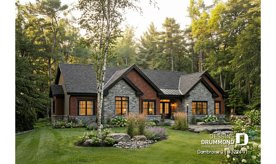 Vue avant - MODÈLE DE BASE - Plan de maison plain-pied lumineux avec garage double, plafond cathédrale et jusqu’à 6 chambres - Dambroise 2