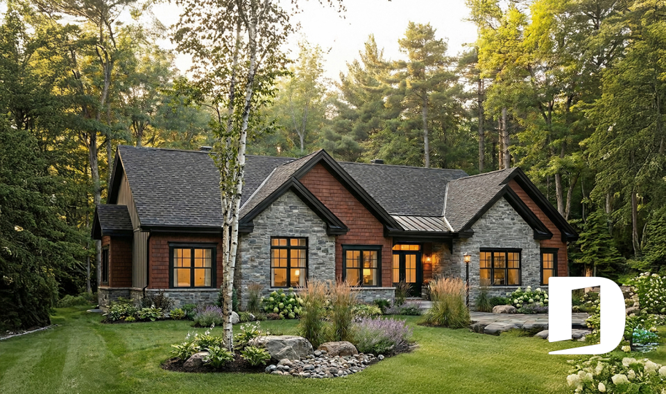 Vue avant - MODÈLE DE BASE - Plan de maison plain-pied lumineux avec garage double, plafond cathédrale et jusqu’à 6 chambres - Dambroise 2