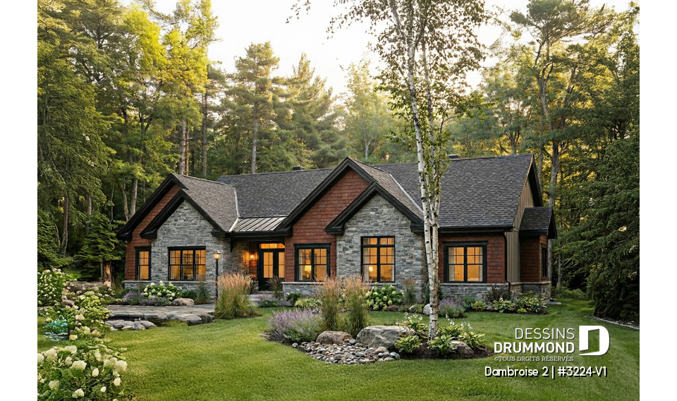 Vue avant - MODÈLE DE BASE - Plan de maison plain-pied lumineux avec garage double, plafond cathédrale et jusqu’à 6 chambres - Dambroise 2