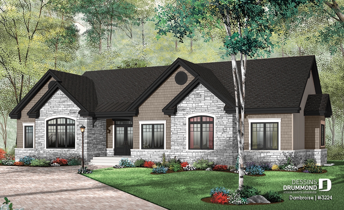 Version couleur no. 3 - Vue avant - Plan de maison plain-pied, 3 à 4 chambres, garage double, plafond 9', bureau, buanderie, superbe cuisine - Dambroise